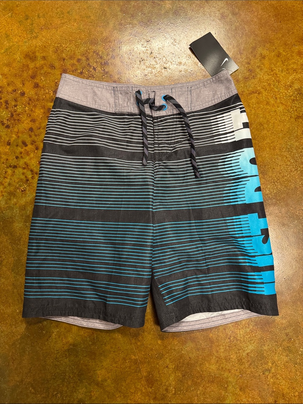 M Nike Boys Black & Teal Striped Board Shorts